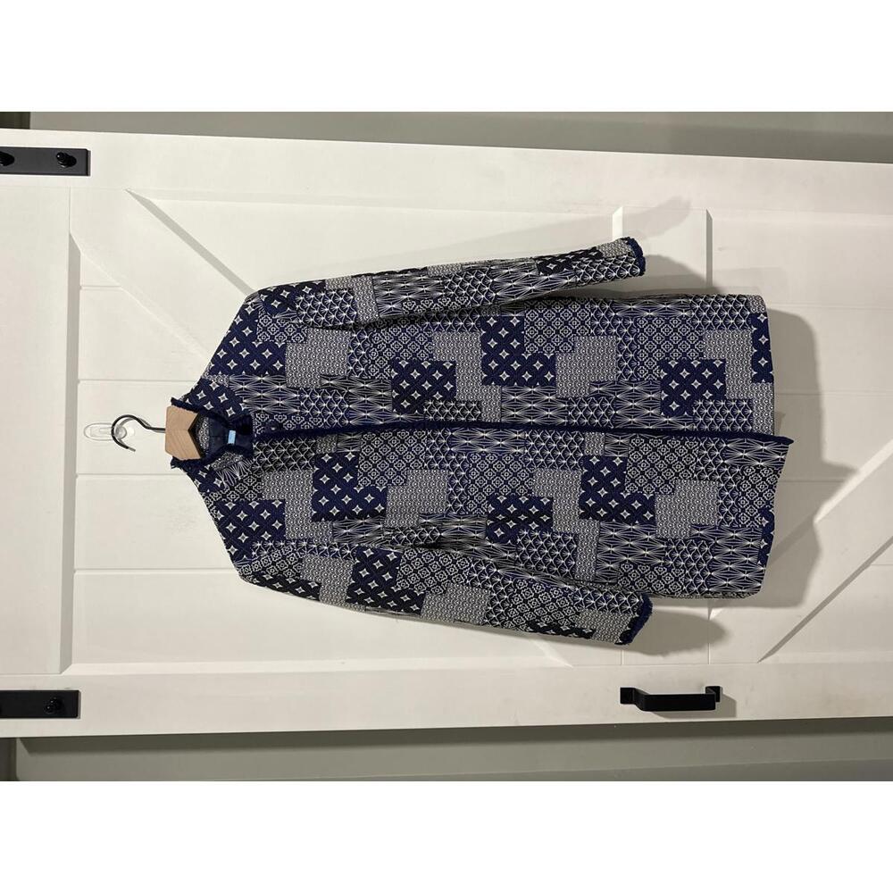 J. McLaughlin Women's Walden Coat in Navy Patchwork Jacquard Fringe Pattern